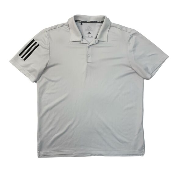 Adidas Polo Shirt Mens L White Floating 3 Stripes Short Sleeve Performance Golf - Picture 1 of 16